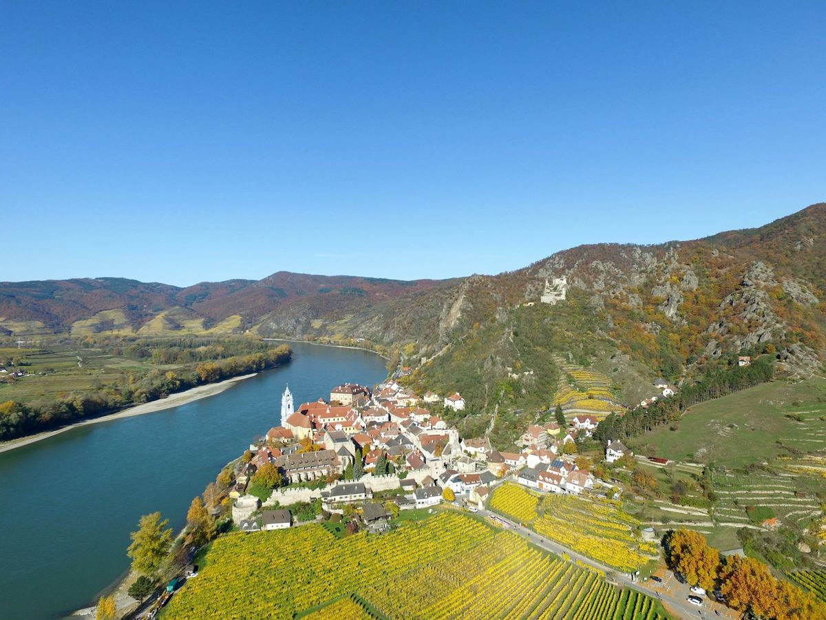 Aerial view of the Danube river winding through the Wachau Valley near Durnstein
