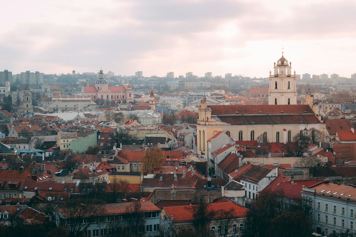 Vilnius old town cityscape with many historic buildings