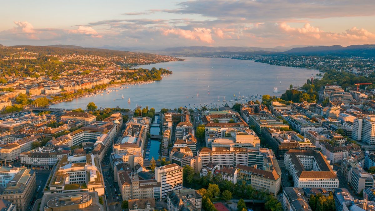 Aerial view of Zurich city buildings near the river