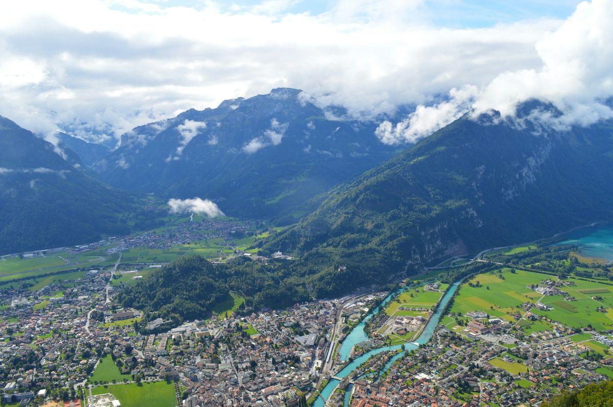 Aerial view of Interlaken town between lakes and mountains, Switzerland