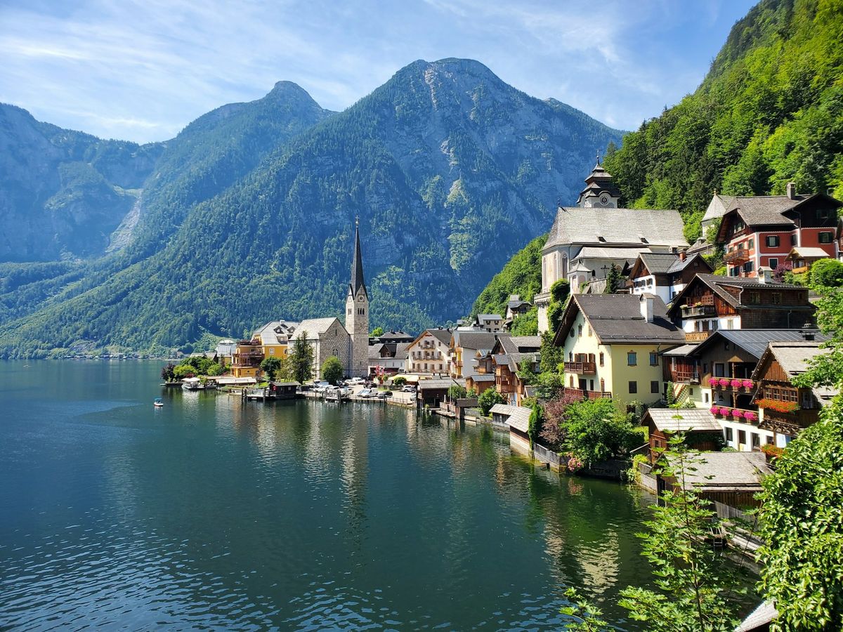 Hallstatt Austria village houses near mountain lake