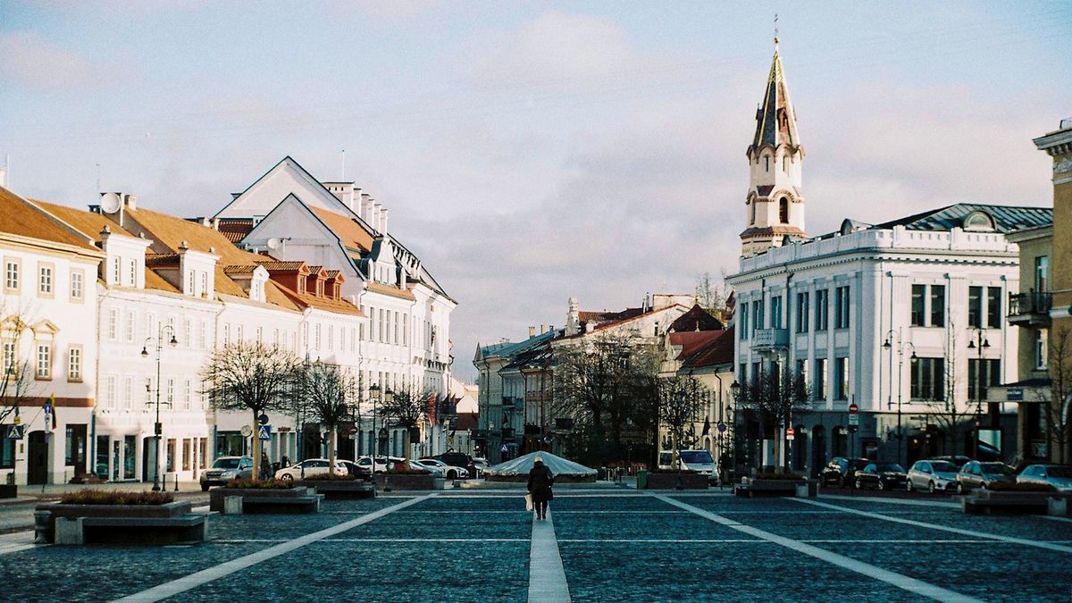 Historic plaza and clock tower in Vilnius old town