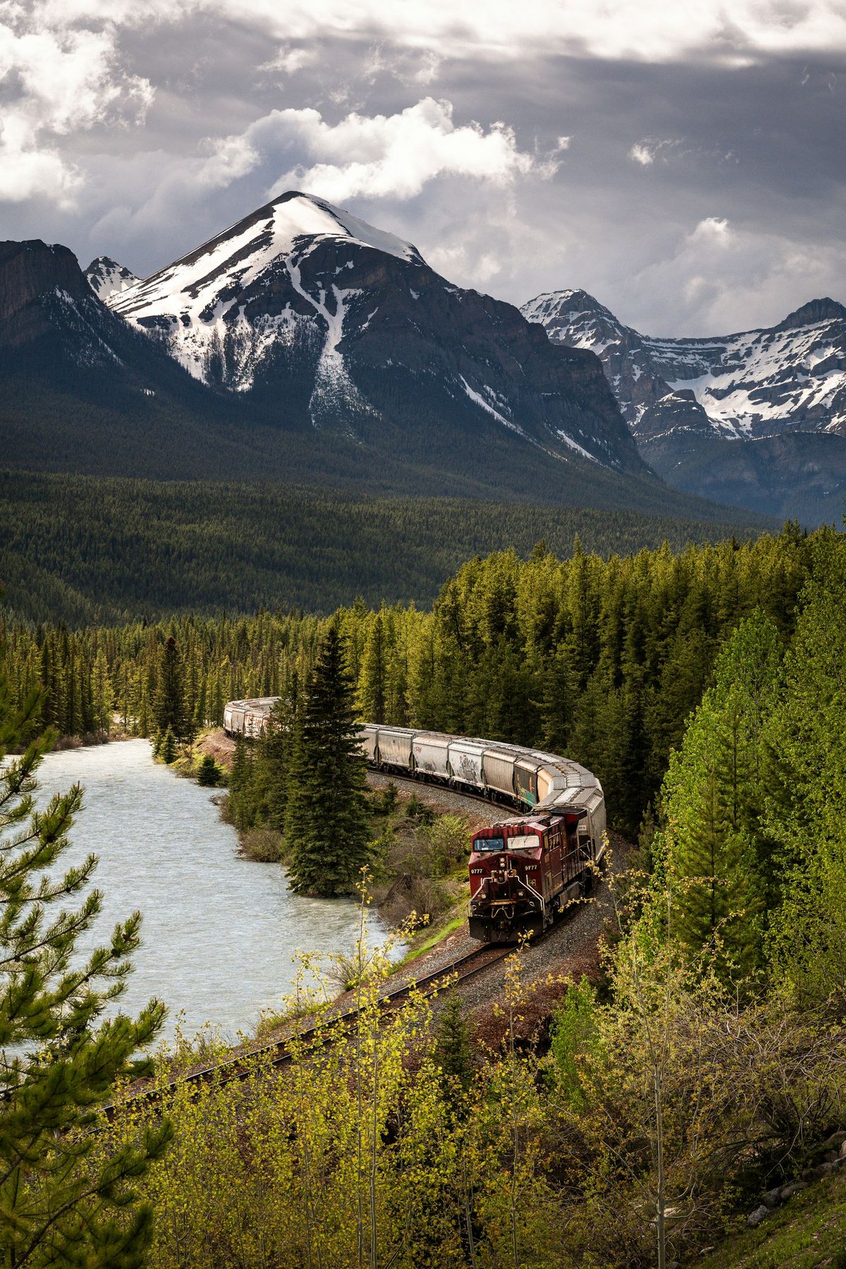 A train winding through the snow-capped Canadian Rockies