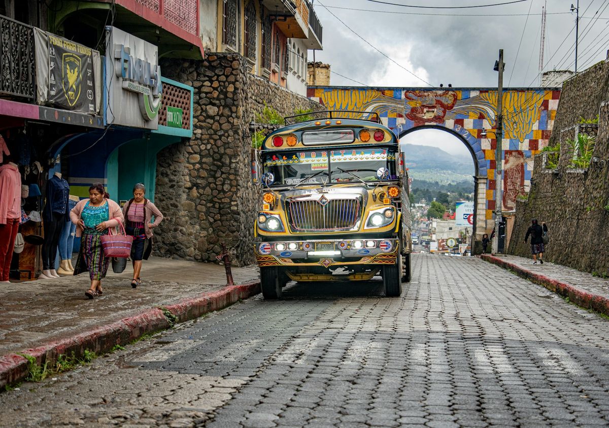 A colourful chicken bus on a street in Guatemala, Central America