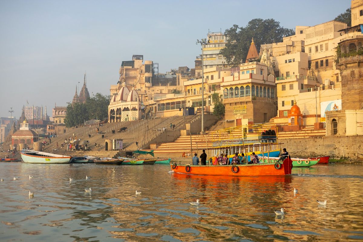 Boats on the Ganges River at the ghats in Varanasi, India