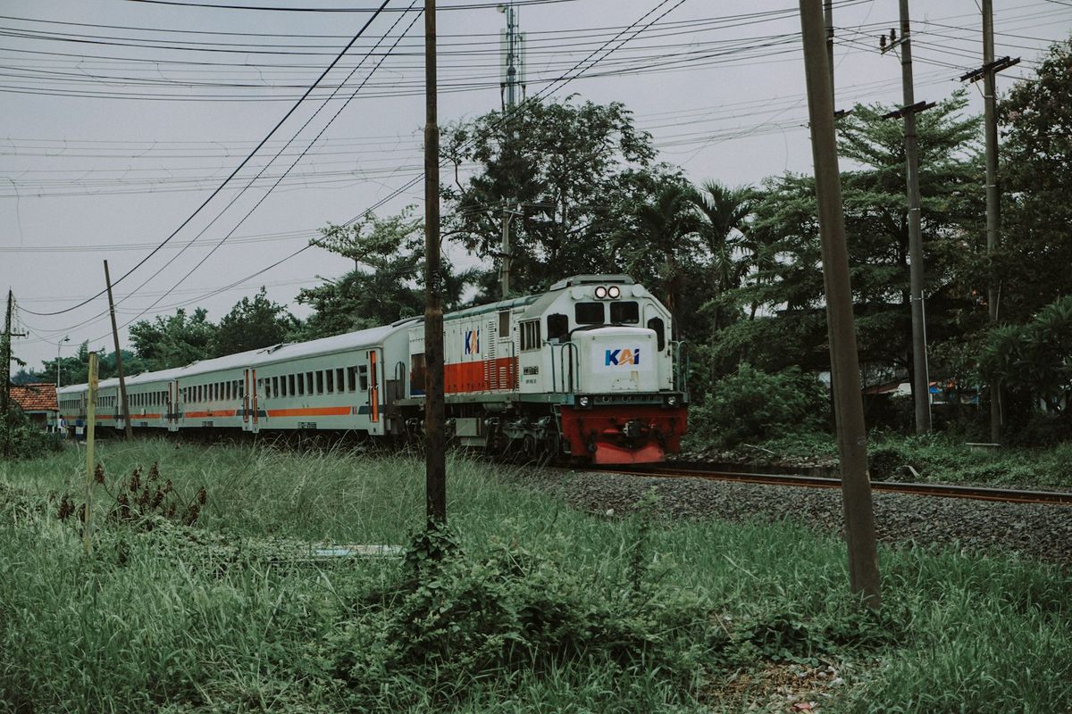 Train travelling through lush green countryside on Java, Indonesia