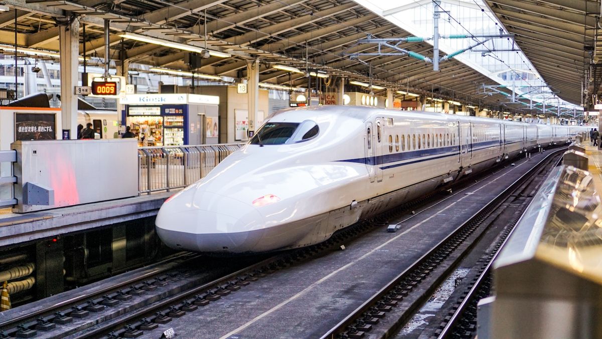 Shinkansen bullet train in motion Japan
