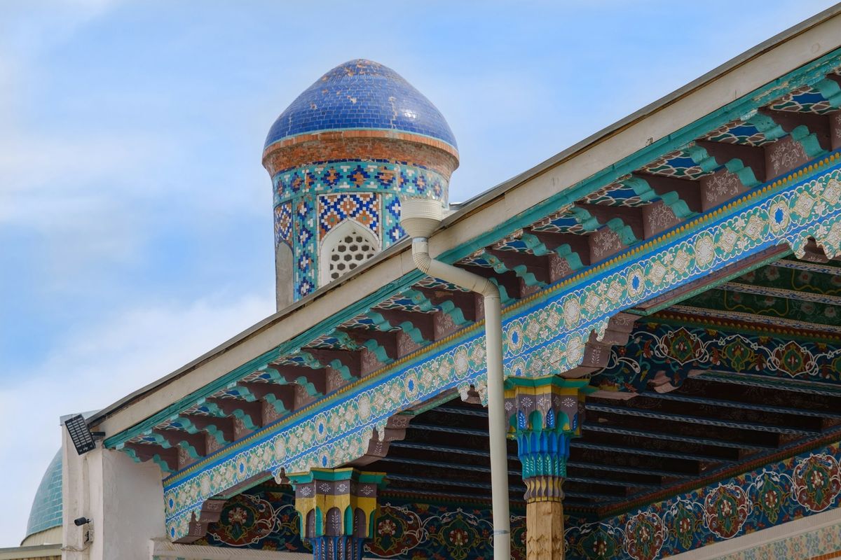 Blue and white domed Islamic architecture in Uzbekistan